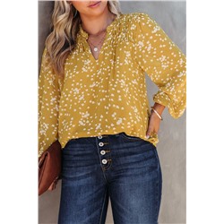 Yellow Plus Size Floral Print Ruched Split Neck Blouse