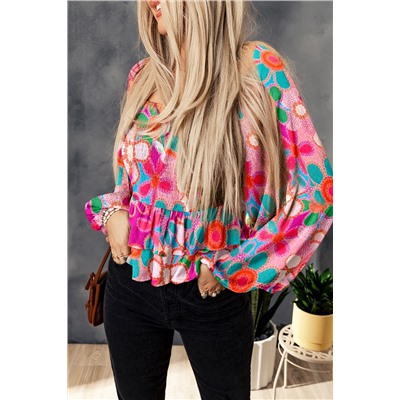 Multicolor Floral Print Smocked Square Neck Ruffles Blouse