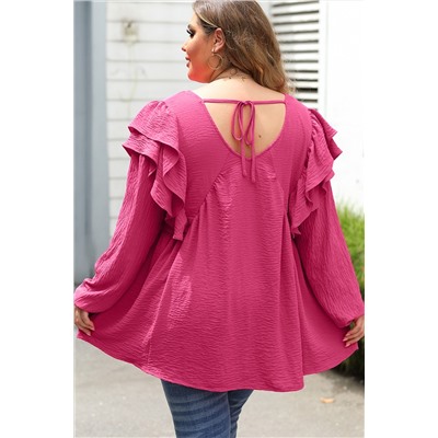 Pink Crinkle Ruffled V Neck Plus Size Blouse