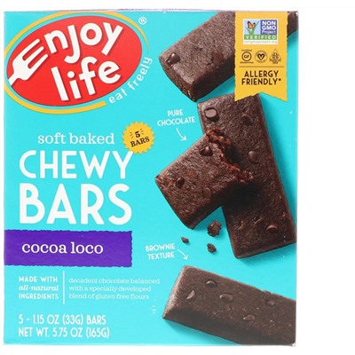 Enjoy Life Foods, Запеченые жевательные батончики, Cocoa Loco, 5 батончиков, 1,15 унц. (33г) каждый