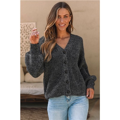 Gray Drop Shoulder Puff Sleeve Buttoned V Neck Cardigan