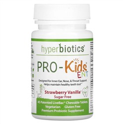 Hyperbiotics, PRO-Kids ENT, без сахара, клубника и ваниль, 45 жевательных таблеток LiveBac