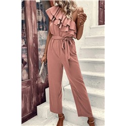 Dusty Pink One Shoulder Ruffle Trim Belted Jumpsuit
