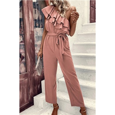 Dusty Pink One Shoulder Ruffle Trim Belted Jumpsuit