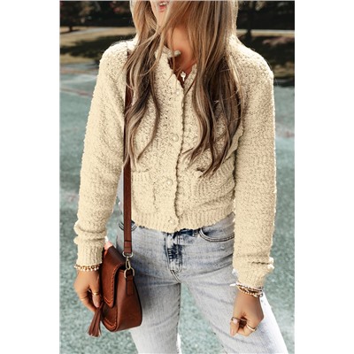 Oatmeal Pearl Buttons Popcorn Textured Sweater Cardigan