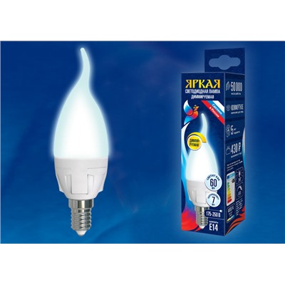 LED-CW37 7W/4000K/E14/FR/DIM PLP01WH Лампа светодиодная, диммируемая. Форма «свеча на ветру», матовая. Серия Яркая. Белый свет (4000K). Картон. ТМ Uniel.