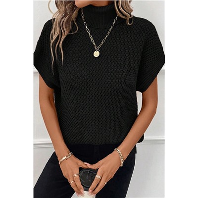 Black Turtleneck Textured Short Sleeve Sweater