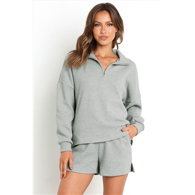 Gray Ribbed Zipper Sweatshirt and High Waist Shorts Set