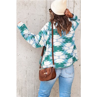 Green Geometric Aztec Pattern Plus Size Fleece Jacket