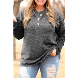 Black Plus Size Ribbed Long Sleeve Henley Top