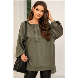 Green Oversized Exposed Seam Henley Sweatshirt