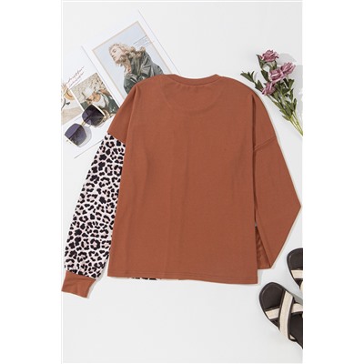 Gold Flame Leopard Print Sequin Colorblock Long Sleeve Top