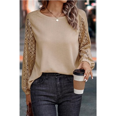 Flaxen Lace Patch Sleeve Waffle Knit Top