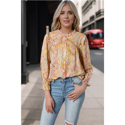 Yellow Paisley Print Ruffled Trim Boho Shirt