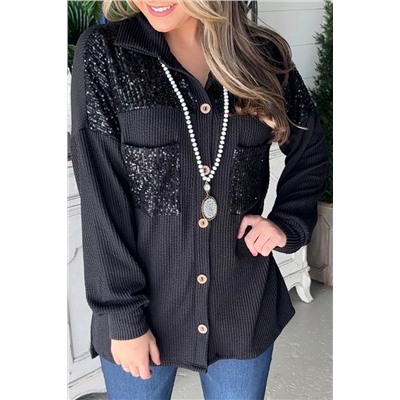 Black Sequin Patch Chest Pocket Corded Shacket