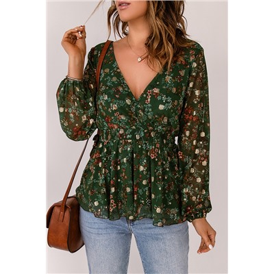 Green Floral Print Wrap V Neck Peplum Top