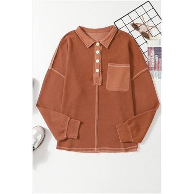 Chestnut Waffle Exposed Seam Pocket Henley Sweatshirt