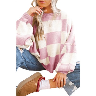 Pink Checkered Bishop Sleeve Sweater