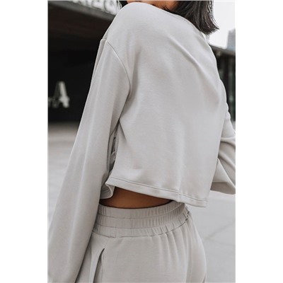 Light Grey Solid Criss Cross Crop Top and Pants Active Set