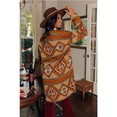 Brown Aztec Geometric Knit Open Front Cardigan