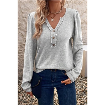 Light Grey Frilly Notched Neck Button Detail Long Sleeve Top