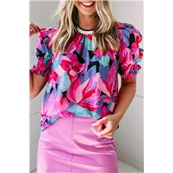 Розовая блуза с флористическим принтом и рукавом "фонарик"