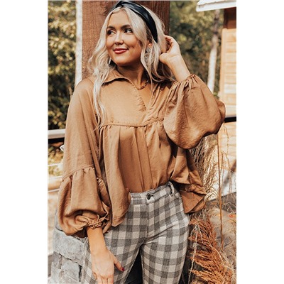 Brown Puff Sleeve Collared Pleated Babydoll Blouse