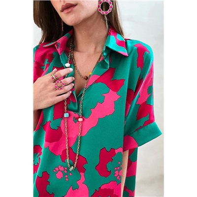 Green Abstract Print V Neck Blouse