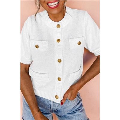 White Gold Buttons Textured Sweater T Shirt