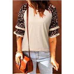 Apricot Ruffled Leopard Sleeve Patchwork Top