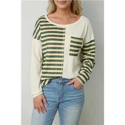 Khaki Striped Patch Textured Fabric Long Sleeve Top