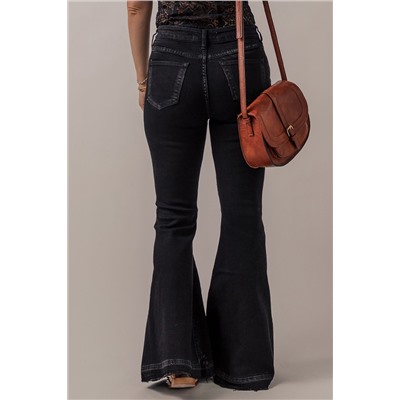 Black High Waist Button Front Flare Jeans