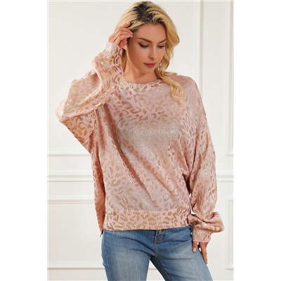 Apricot Glitter Leopard Print Puff Sleeve Sweater