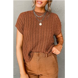 Chestnut Crew Neck Cable Knit Short Sleeve Sweater