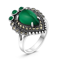 Кольцо из чернёного серебра с натуральным зелёным агатом и марказитами