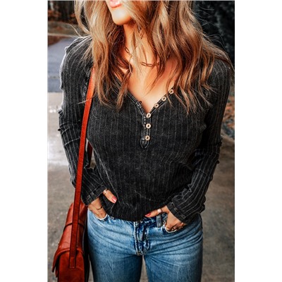 Black Vintage Ribbed Knit Button V Neck Long Sleeve Top