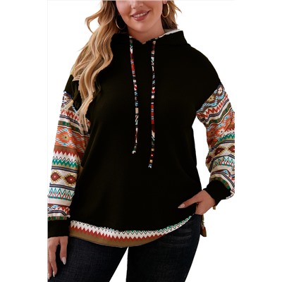 Black Aztec Patchwork Sleeve Waffle Drawstring Plus Hoodie