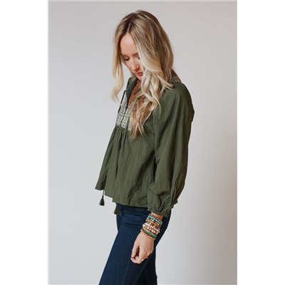 Green Embroidered Split Neck Pleated Loose Blouse