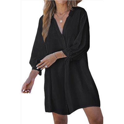 Black Plus Size Tie Cuffs V Neck Shirt Dress