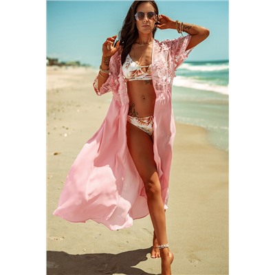 Розовая открытая пляжная накидка-кимоно с кружевным цветочным узором