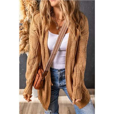 Khaki Ribbed Trim Eyelet Cable Knit Cardigan