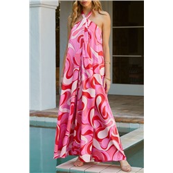Розовое платье-сарафан с абстрактным принтом и открытой спиной