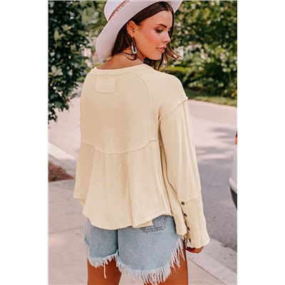 White Waffle Knit Button Detail Exposed Seam Flowy Top