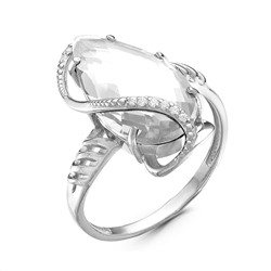 Кольцо из серебра с пл.кварцем цв.белый и фианитами родированное