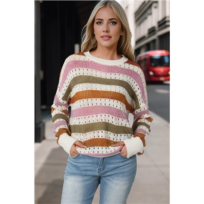 Multicolor Striped Hollowed Knitted Loose Sweater