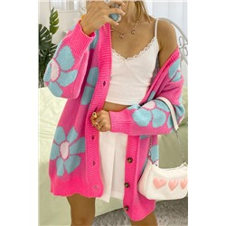 Strawberry Pink Floral Print Button up Knitted Cardigan