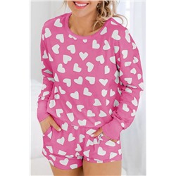 Pink Valentine Heart Shape Print Long Sleeve Top Shorts Lounge Set