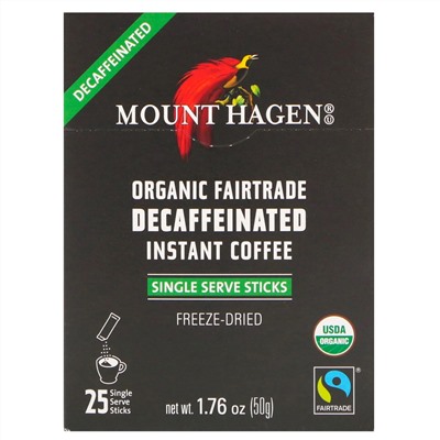 Mount Hagen, Органический растворимый кофе без кофеина, закупленный по принципам справедливой торговли, 25 порционных пакетиков-стиков, 50 г