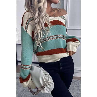 Sky Blue Striped Pattern Knit V Neck Sweater