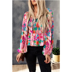 Multicolor Floral Print Smocked Square Neck Ruffles Blouse